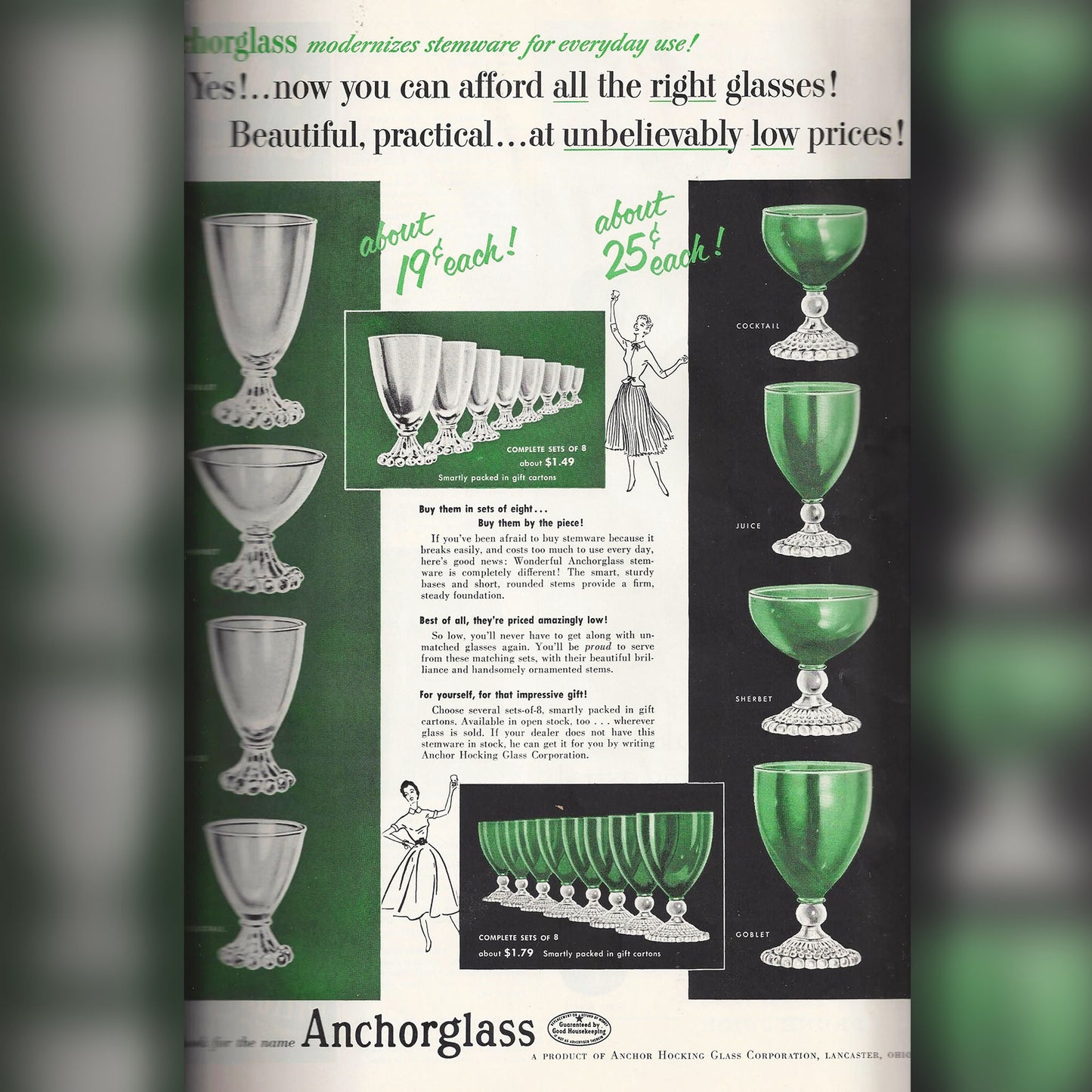 Inspiration Green "Burple" Goblet, Anchor Hocking - Sold as Pair