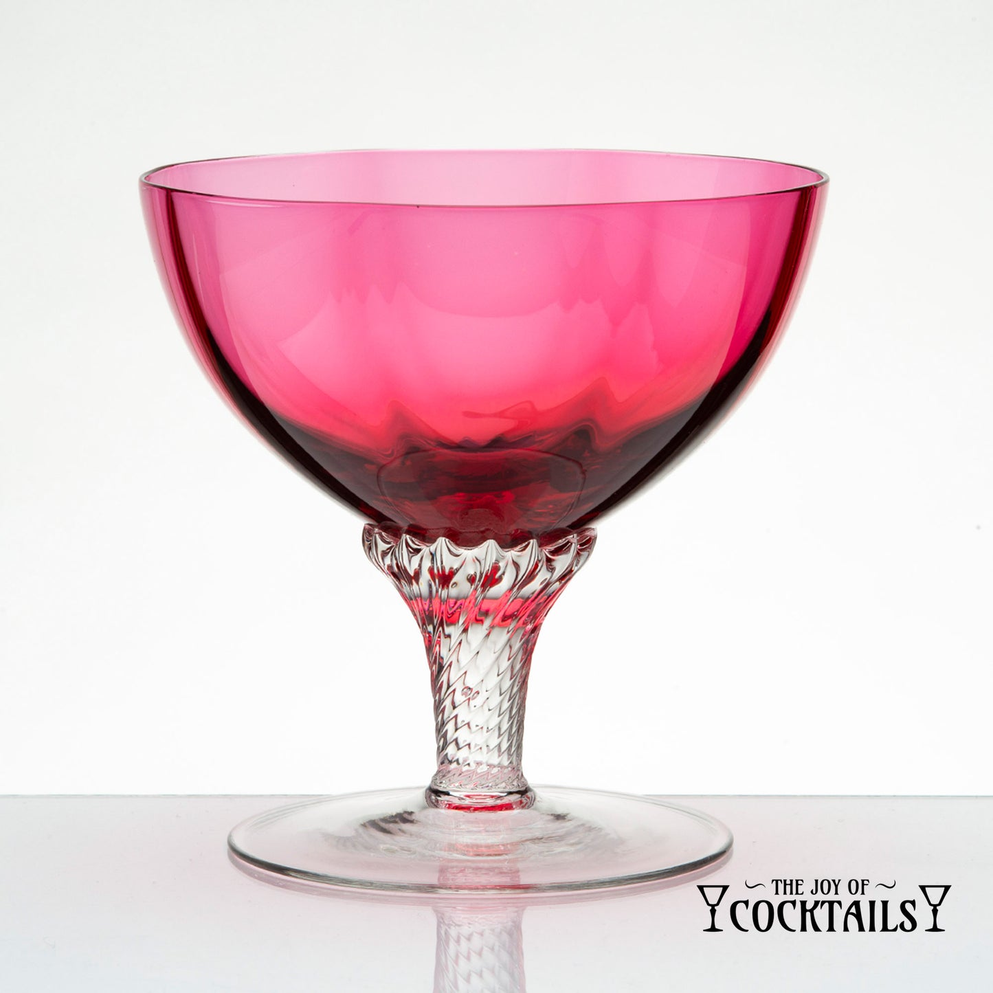 Vintage George Borgfeldt Lisa pink champagne glasses with clear twist stems, mid-century barware pair.